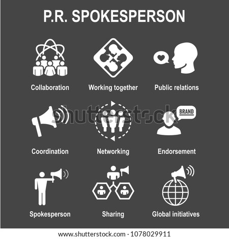 Spokesperson icon set w bullhorn, coordination, pr, public relations person set