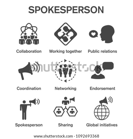 Spokesperson icon set w bullhorn, coordination, pr, public relations person set