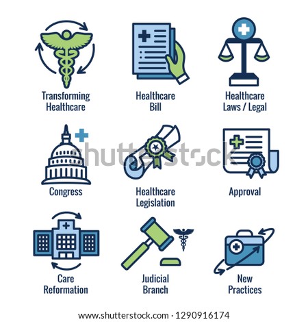 Health Laws and Legal icon set | various aspects of the legal system