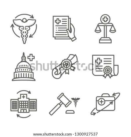 Health Laws and Legal icon set | various aspects of the legal system