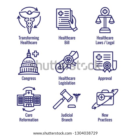 Health Laws and Legal icon set | various aspects of the legal system