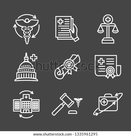 Health Laws and Legal icon set | various aspects of the legal system