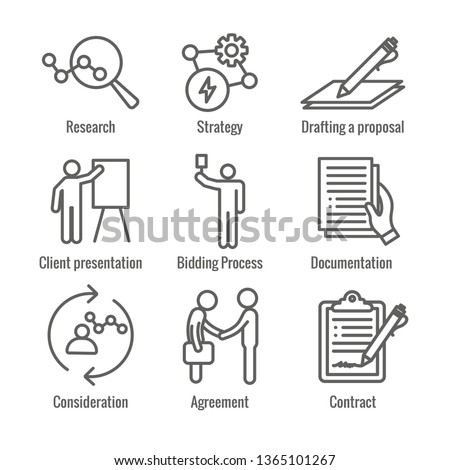 New Business Process Icon Set w Bidding Process, Proposal, & Contract