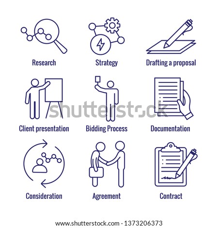 New Business Process Icon Set w Bidding Process, Proposal, & Contract