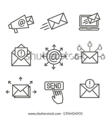 Email marketing campaigns icon set with email list, announcement, & send button