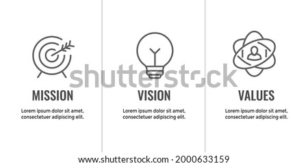 Mission Vision and Values Icon Set with mission statement, vision icon, etc.