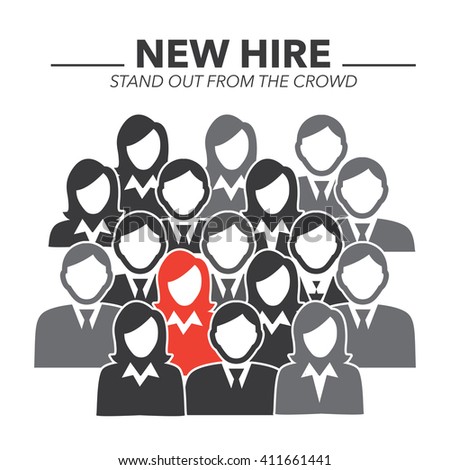 New Hire Button Portraying Different People with Men and Women in Suits and One Person Standing Out as the Person who got Hired