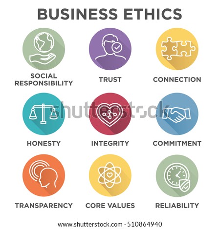 Business Ethics Icon Set with social responsibility, corporate core values, reliability, transparency, etc