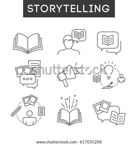 Storytelling Icon Set with Speech Bubbles and Books
