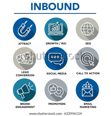 Inbound Marketing Vector Icons with growth, roi, call to action, seo, lead conversion, social media, attract, brand engagement, promoters, campaign, smm