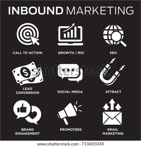 Solid inbound marketing vector icon set - CTAs, social media, magnet
