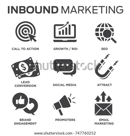 Solid inbound marketing vector icon set - CTAs, social media, magnet