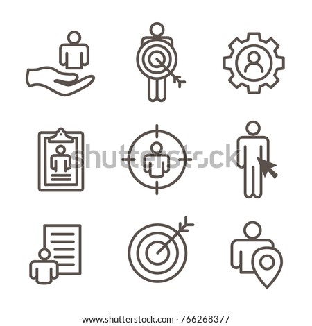 Target market icons of buyer image and persona  - gear, arrow, nurturing leads 