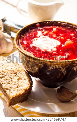 beet soup with beans and sour cream, garlic, slices of bread,yellow napkin