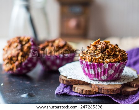 vegan oat muffins with dried fruits and nuts, healthy food