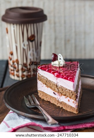 cake with chocolate sponge cake, berry mousse and cherry jelly,dessert