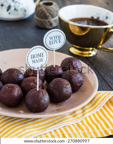 lentil candies with chocolate truffle, healthy dessert and coffee
