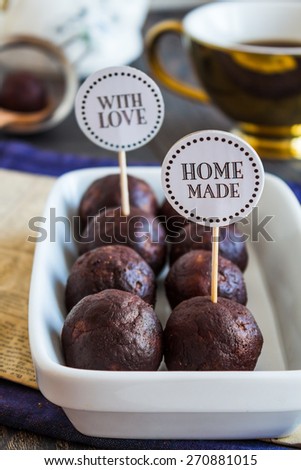 lentil candy with figs, chocolate truffle, healthy dessert and coffee
