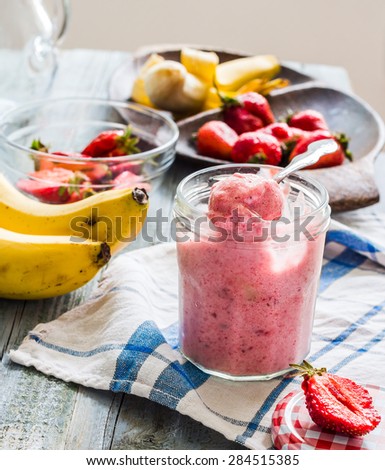 strawberry-banana ice cream in a glass fruit dessert, summer, clean eating