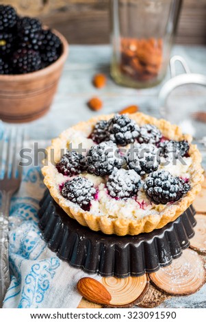 tartlet with cream cheese and blackberry, dessert cheesecake, rustic background,selective focus