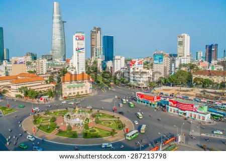 HO CHI MINH, VIETNAM - April 19: Downtown Saigon and Quach Thi Trang park at blue hour on April 19, 2015, in Ho Chi Minh city, Vietnam. Ho Chi Minh city is the biggest city in Vietnam