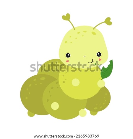 Caterpillar Clipart in Cute Cartoon Style Beautiful Clip Art Caterpillar eats a Leaf. Vector Illustration of an Animal for Prints for Clothes, Stickers, Textile, Baby Shower Invitation, Coloring Pages
