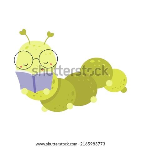 Cute Caterpillar Clipart Isolated on White Background. Funny Clip Art Caterpillar Reading a Book. Vector Illustration of an Animal for Coloring Pages, Stickers, Baby Shower, Prints for Clothes. 