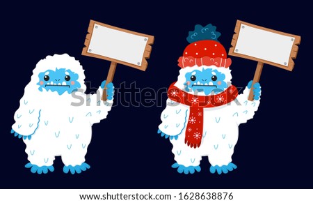 Cute snow yeti with blank sign placard hold in hand vector image. Isolated on dark background. With winter clothes.