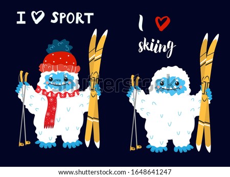 Cute snow yeti holding skis vector set. I love sport and skiing. Happy cartoon yeti with red winter hat and scarf. Winter holidays and activities.