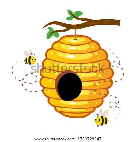 Yellow honey hive with cute bees hanging on a tree branch vector image. Cartoon illustration isolated on white background 

