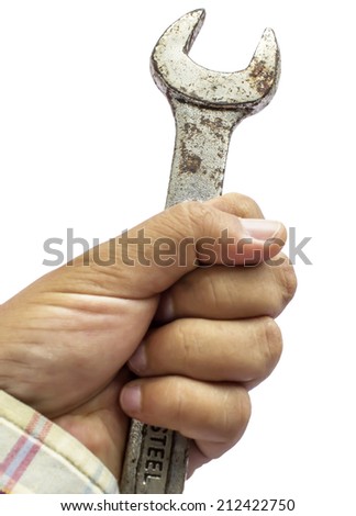 wrench in hand. Isolated over white background.