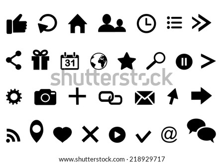 Icons:clock arrow present calendar email twitter geolocation cloud faceboo retweet bubble facebook  rss photo  like profile home insta location favorite search cursor logo Vector illustration eps 10