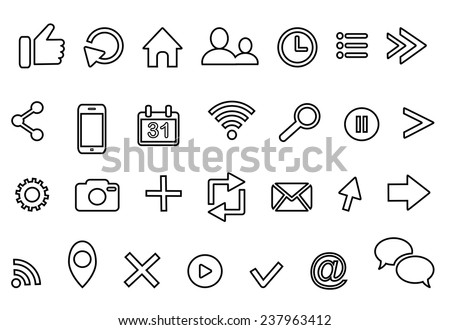 outline Icons:clock arrow present calendar email twitter geolocation faceboo cloud retweet  facebook  rss photo like profile home insta location favorite search cursor logo Vector illustration eps 10
