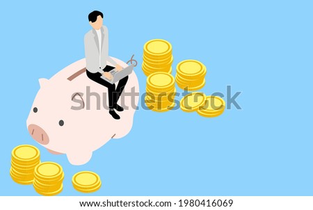 Educational image of money, men and coins sitting in a piggy bank and touching a laptop, isometric