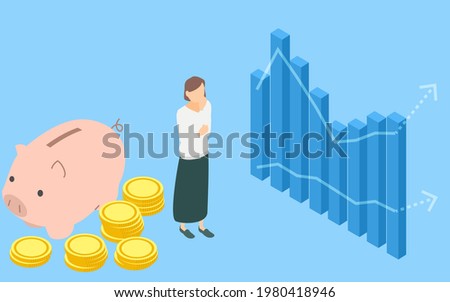 Image of savings and investment, piggy banks and coins of women and pigs worried in front of the graph, isometric