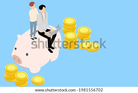 Educational image of money, piggy banks and coins for fathers, children and pigs, isometric