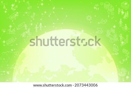 SDGs, green background eco-image with glowing earth and SDGs goal icon, shining green background with twinkling stars