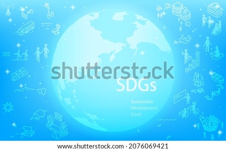 SDGs, glowing earth and SDGs text and goal icons, blue background with glittering stars