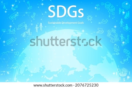 SDGs, glowing earth and SDGs text and goal icons, blue background with glittering stars