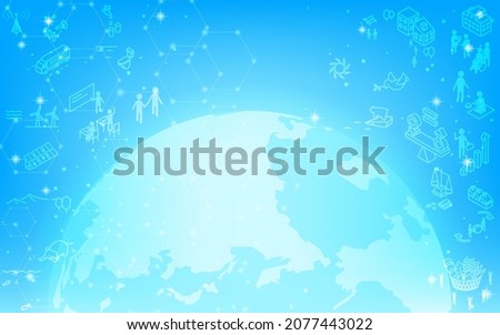 SDGs, glowing earth and SDGs and goal icons, sparkling blue background with glittering stars