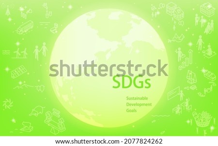 Eco-image of SDGs, glowing earth with SDGs text and goal icons, shining green background with twinkling stars