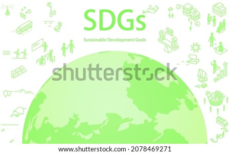 SDGs, green earth with SDGs text and goal icons