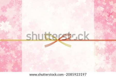 Spring Japanese style material, gold and red mizuhiki, cherry blossoms and blue sea wave background