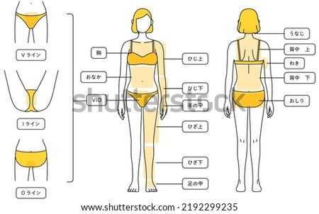 Hair Removal Illustrations for Women Full Body and VIO - Translation: V-line, I-line, O-line, breast, tummy, elbow, elbow, back of hand, knee, knee, back of leg, nape of neck, upper back, armpit, lowe