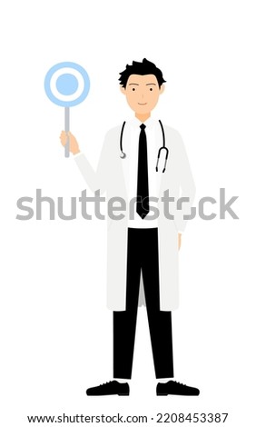 Male doctor in white coat holding circle stick - matching pose