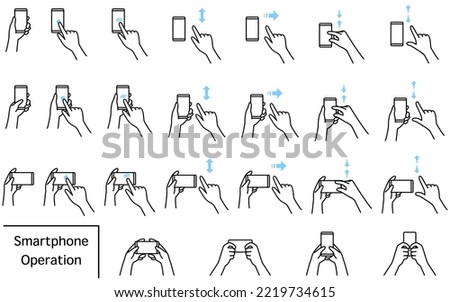 Illustration of actions to operate a smartphone (pinch, zoom, swipe, flick, tap, double-tap)