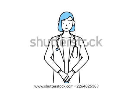 A woman doctor in white coat bowing with folded hands.