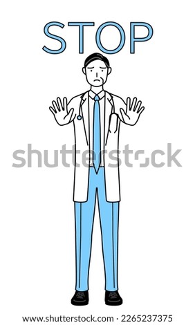 Male doctor in white coats with stethoscopes, senior, middle-aged veterans with her hand out in front of her body, signaling a stop.
