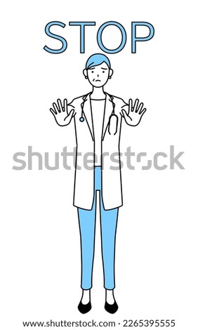 Female doctor in white coats with stethoscopes, senior, middle-aged veterans with her hand out in front of her body, signaling a stop.