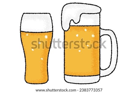 Beer mug and beer glass overflowing with bubbles, hand-drawn analog touch, Vector Illustration
